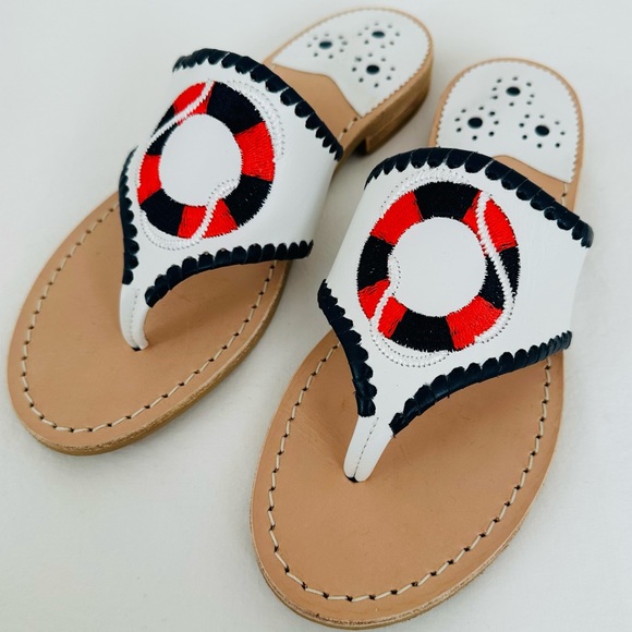 New Jack Rogers White & Midnight Life Preserver Embroidered Leather Sandal Flats - Picture 2 of 5